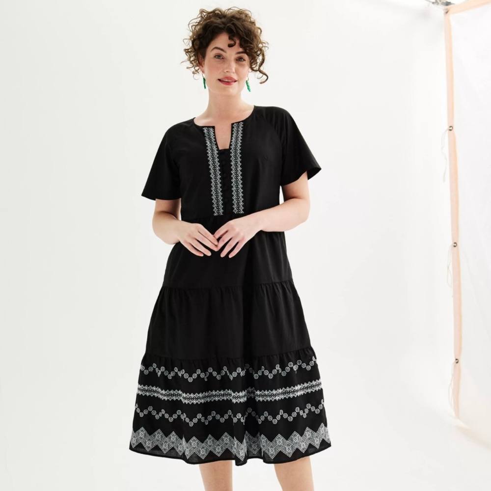 Draper James Dress Embroidered Midi Maxi Geo  Tiered Black/White Pockets S Boho